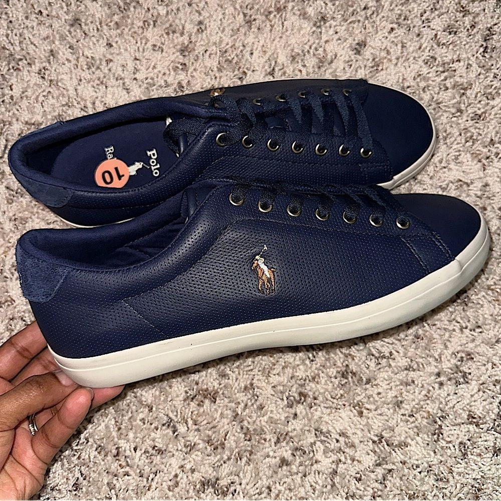 Polo Ralph Lauren Longwood Sneakers Men’s Blue Leather Casual Shoes Laces NEW